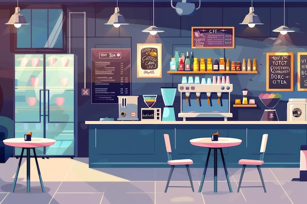 Współczesna ilustracja z kreskówki wnętrza kawiarni z automatem do kawy przy biurku kasjera lodówka tablica menu stoły i kanapy bar i krzesła dziedziniec restauracji i pusty