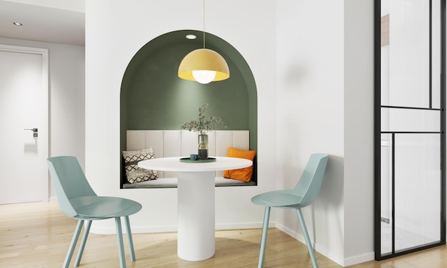 Współczesna jadalnia z siedziskami w kształcie łuku i lampami sufitowymi. ilustracja 3D