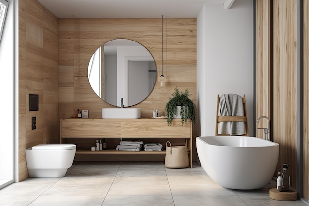 Współczesna łazienka z okrągłym lustrem Generative AI