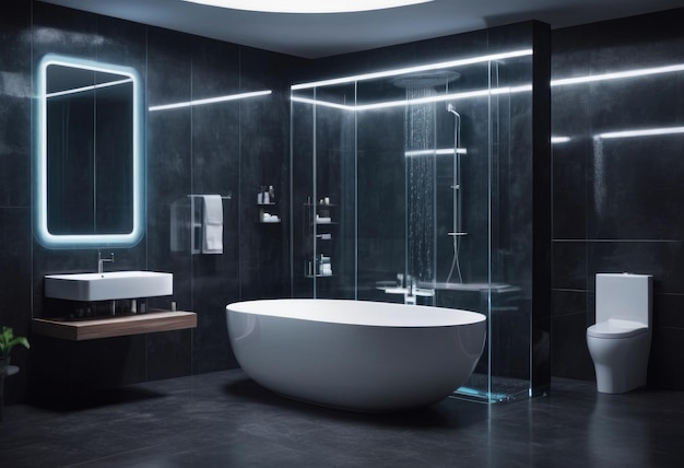 Współczesna łazienka z oświetleniem nocnym, z lustrem w wannie prysznicowej i umywalką