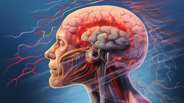 Współczesna medyczna ilustracja naukowa pokazująca skutki udaru mózgu