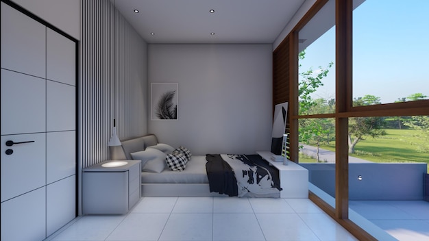 Współczesna nowoczesna sypialnia meble architektura wnętrz inspiracja ilustracja 3d