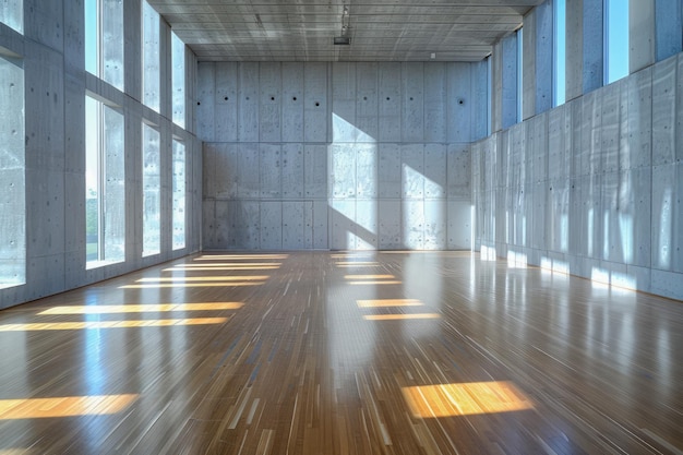 Współczesna pusta przestrzeń biurowa z dużymi oknami i odbiciem światła słonecznego na polerowanej drewnianej podłodze