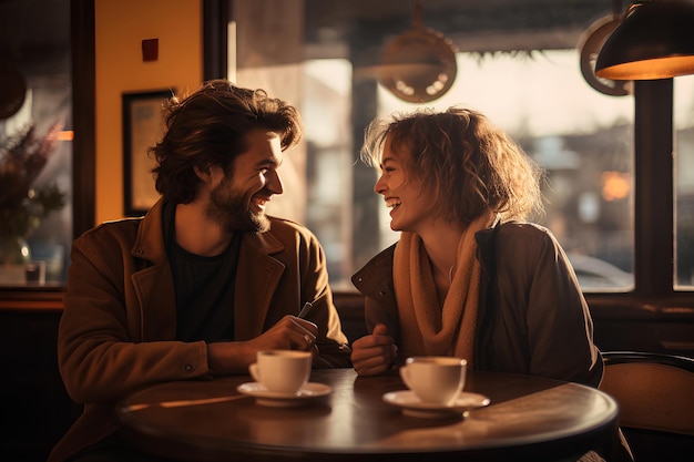 Współczesna romantyczna para śmieje się i pije kawę w kawiarni