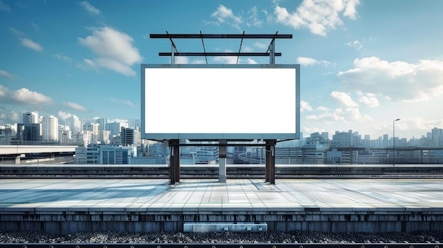 Zdjęcie współczesna scena miejska z pustym billboardem położonym nad torem kolejowym mockup