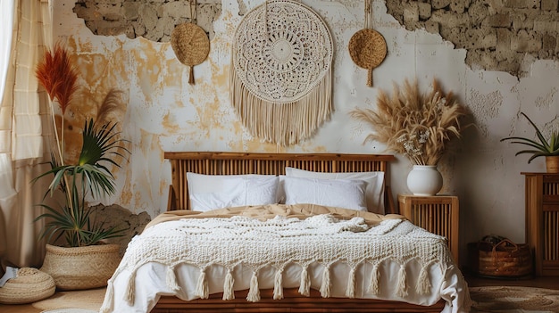 Współczesna sypialnia ozdobiona poduszkami w stylu bohemijskim ze Skandynawii Dreamcatcher wiszący na panelu ściennym owoce i kapelusze z kory na łóżku Generatywna sztuczna inteligencja