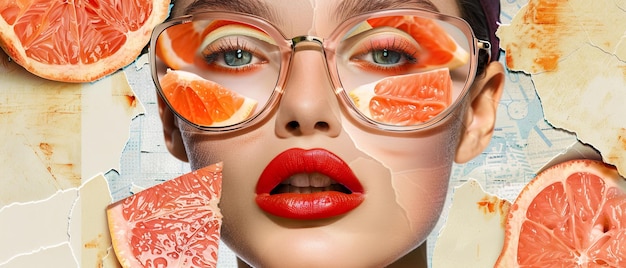 Współczesna sztuka kolaż kobiecej twarzy z plasterkami grejpfrutów szkła i czerwone usta na jasnym tle nastrój letnich wakacji i zabawy