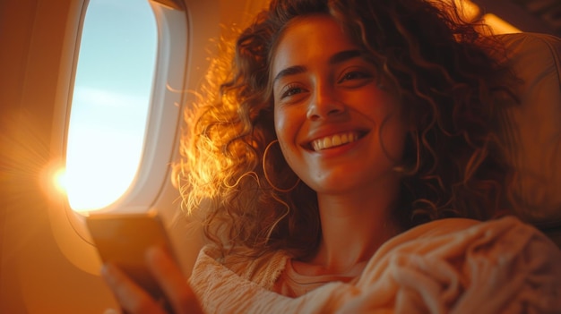 Współczesna uśmiechnięta kobieta trzymająca telefon i patrząca przez siedzenie w samolocie GOL AIRLINES słońce w oknie AI Generative