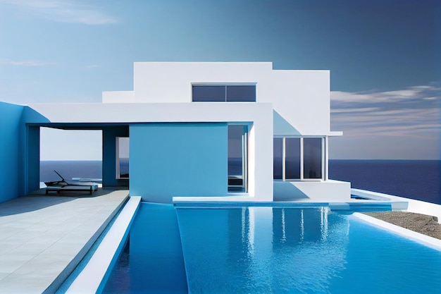 Współczesna willa mieszkalna z nowoczesną architekturą, basenem i widokiem na morze