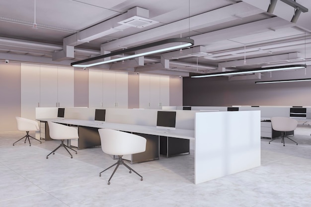 Współczesne betonowe wnętrze biura coworkingowego z wyposażeniem meblowym i innymi przedmiotami Koncepcja miejsca pracy i przestrzeni handlowej Renderowanie 3D