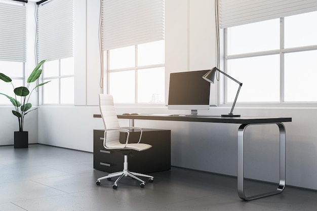 Współczesne białe wnętrze biurowe z roletami okiennymi i renderowaniem 3D mebli