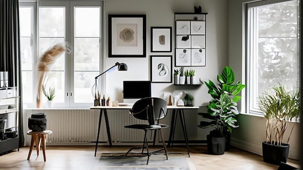 Współczesne biuro domowe ze stojącym biurkiem i nowoczesną grafiką