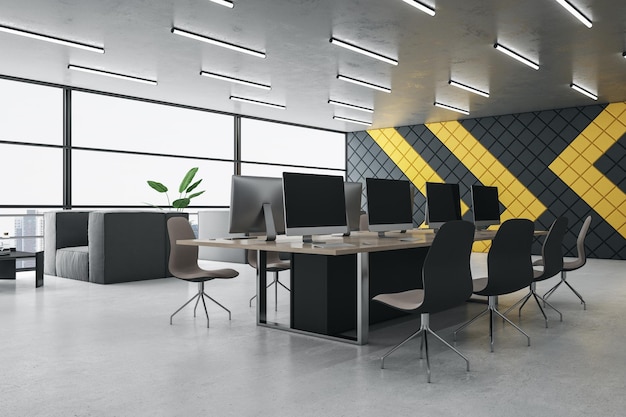 Współczesne designerskie wnętrze biura coworkingowego z meblami i oknem z widokiem na miasto Renderowanie 3D