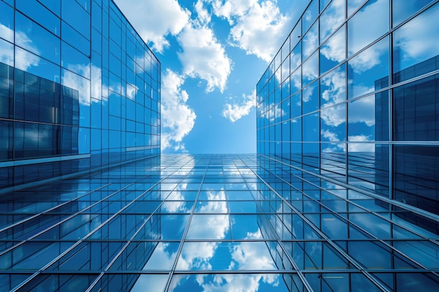 Współczesne drapacze chmur widoczne z góry na tle nieba z chmurami odbijającymi się na szklanych fasadach