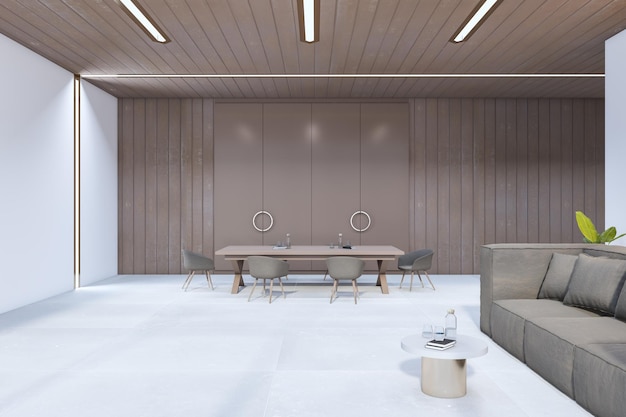 Współczesne drewniane i betonowe wnętrze salonu z meblami 3D Rendering