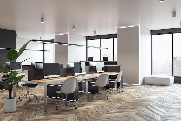 Współczesne drewniane wnętrze biura coworkingowego z oknami i widokiem na miasto, meble i wyposażenie w świetle dziennym Renderowanie 3D