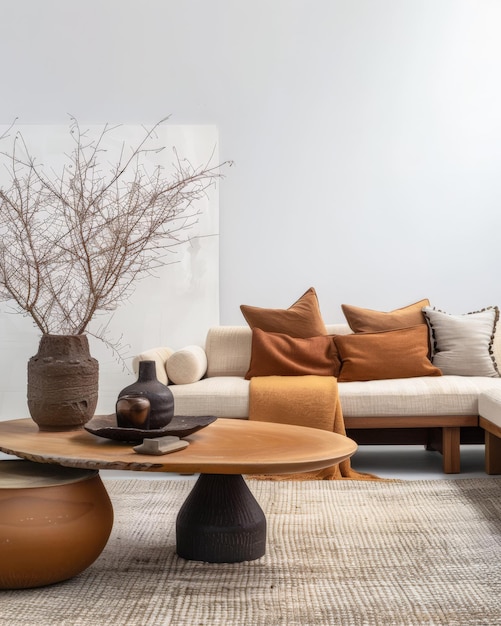 Współczesne minimalistyczne przestrzenie mieszkalne oparte na kompozycji kanapy