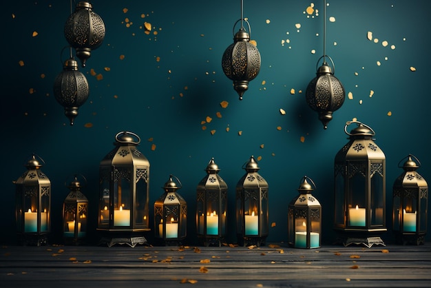 Współczesne muzułmańskie noworoczne tło z złotymi latarniami i strunami świateł