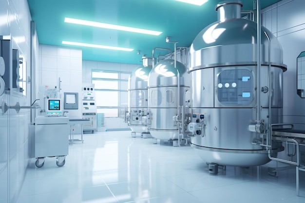 Współczesne warsztaty produkcji leków wnętrze przestrzenne jasne sterylne pomieszczenia z nowoczesnymi maszynami przemysłowymi Proces produkcyjny farmaceutyki półprzewodniki biotechnologia renderowanie 3D