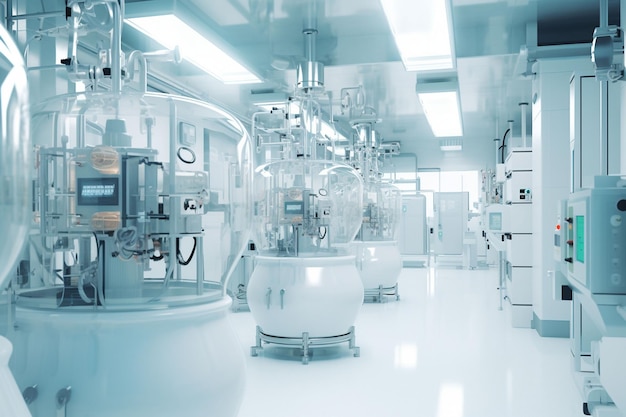 Współczesne warsztaty produkcji leków wnętrze przestrzenne jasne sterylne pomieszczenia z nowoczesnymi maszynami przemysłowymi Proces produkcyjny farmaceutyki półprzewodniki biotechnologia renderowanie 3D