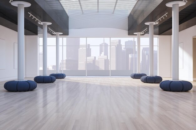 Współczesne wnętrze hali wystawowej z betonu z elementami dekoracyjnymi, drewniana podłoga światło słoneczne i okno z widokiem na miasto Renderowanie 3D