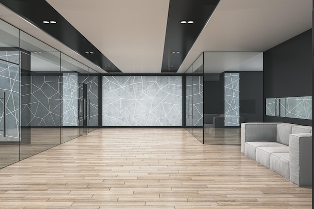 Współczesne wnętrze korytarza biurowego ze szklanymi drzwiami, meblami i drewnianym parkietem Koncepcja architektury i projektu Renderowanie 3D