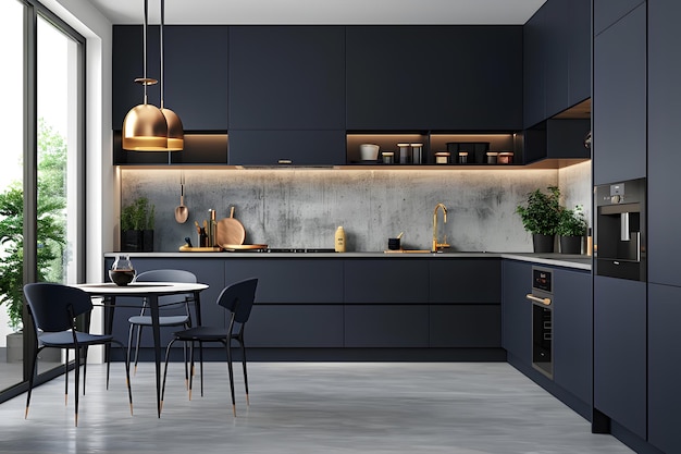 Współczesne wnętrze kuchni w ciemno-niebieskich kolorach i betonowych elementach