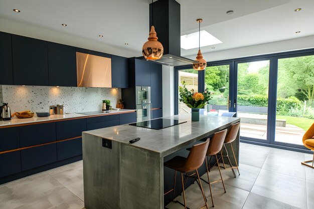 Współczesne wnętrze kuchni w ciemno-niebieskich kolorach i betonowych elementach