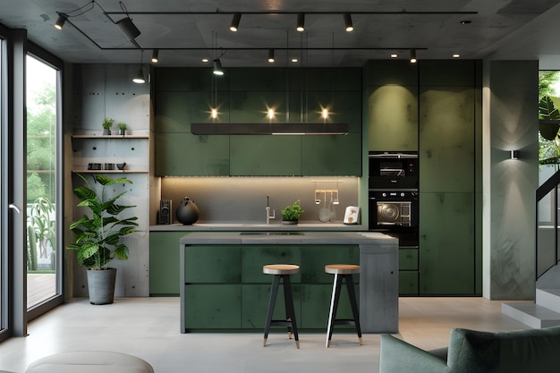 Współczesne wnętrze kuchni w ciemnozielonych kolorach i betonowych elementach