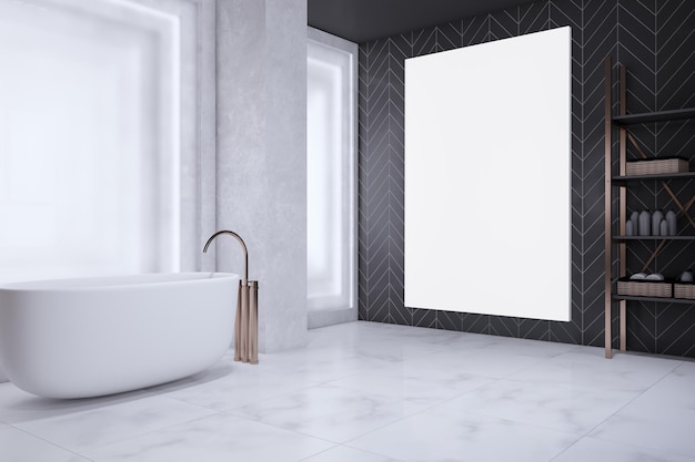 Współczesne wnętrze łazienki z wanną i pustym białym makietą banera renderowania 3D