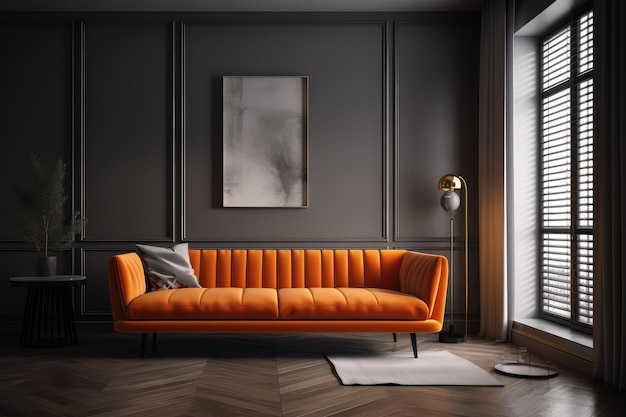 Współczesne wnętrze z nowoczesną pomarańczową sofą AI