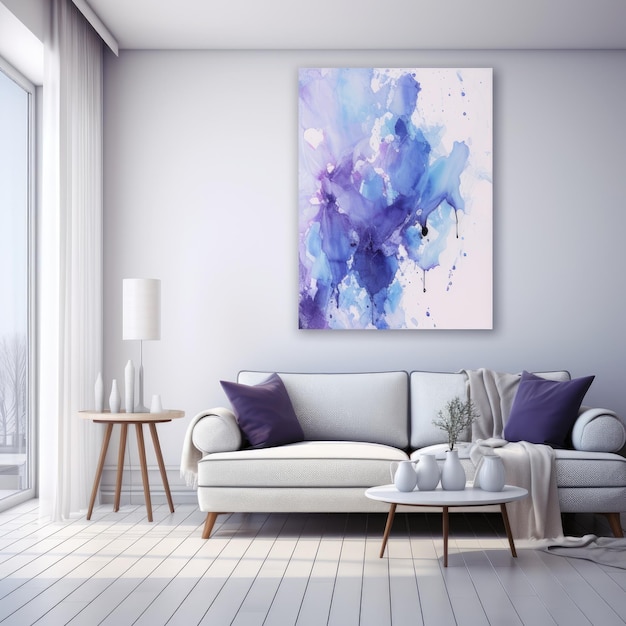 Współczesne życie Żywe połączenie niebieskiego i fioletowego w białym tle Mockup Living Room