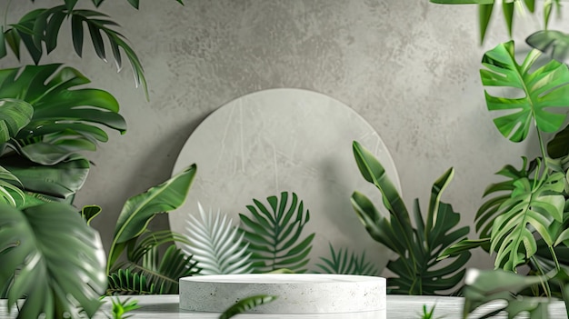 Współczesny biały stojak sceniczny z widokiem z przodu z zielonym kamieniem i tropikalnymi liśćmi Monstera w tle