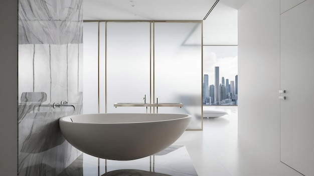 Współczesny luksusowy projekt łazienki biały pokójbiała wanna na marmurowej ścianie renderowanie 3D