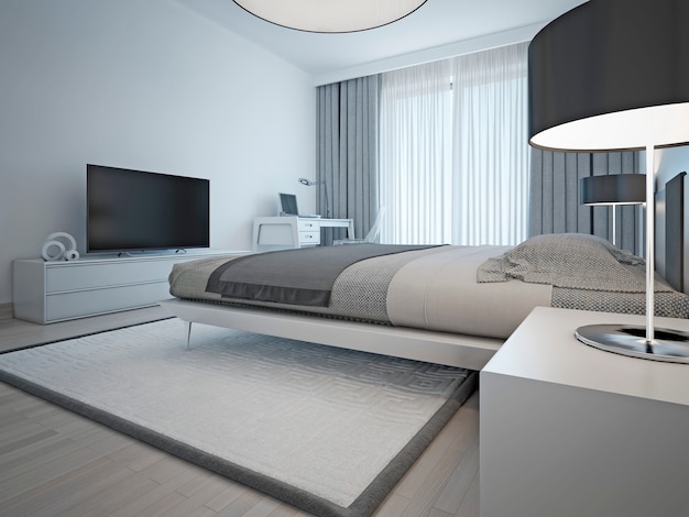 Współczesny monochromatyczny pokój hotelowy z eleganckim łóżkiem i meblami w jasnoszarym kolorze oraz eleganckimi chromowanymi lampami z czarnymi kloszami.