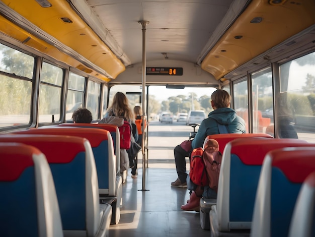 Zdjęcie współczesny pasażer studencki cieszy się podróżą autobusem