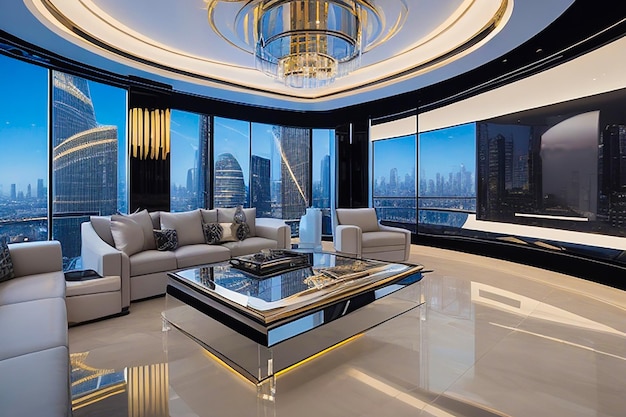 Współczesny pokój w penthouse z futurystycznymi meblami