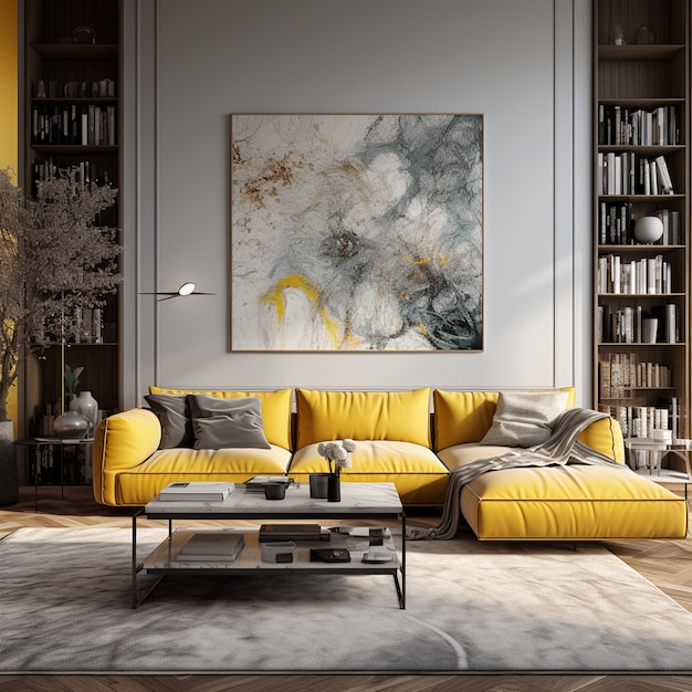 Współczesny projekt wnętrza salonu z żółtą kanapą