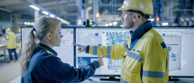 Zdjęcie współczesny przemysł fabryczny 40 główny kierownik projektu rozmawia z inżynierką, która pokazuje skomplikowane projekty elektroniki przemysłowej.