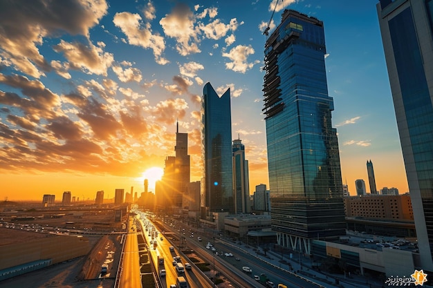 Współczesny Riyadh Sunset Skyline z dzielnicy finansowej króla Abdullaha w stolicy biznesowej Arabii Saudyjskiej