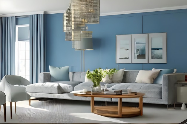 Współczesny salon mieszkalny tło ściany kolor pudrowy niebieski