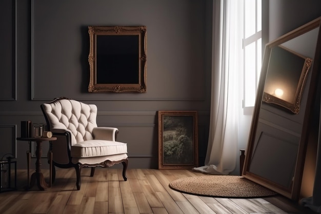 Współczesny salon z czarną pustą makietą ścienną, białym krzesłem i ramą na zdjęcie Estetyczny i elegancki design z podłogą z naturalnego twardego drewna Czy sztuczna inteligencja jest generatywna