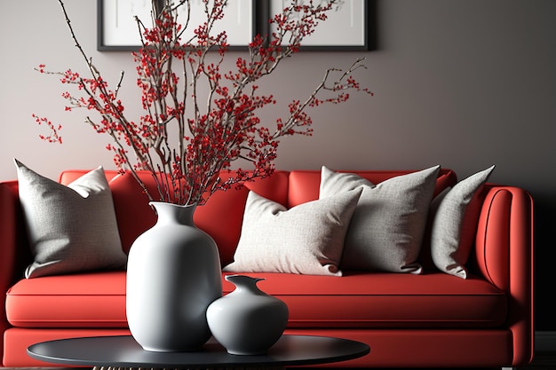Współczesny salon z czerwoną sofą, białymi poduszkami i wazonem z gałęziami