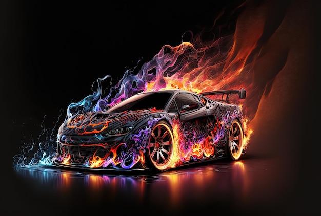 Współczesny samochód sportowy, który jest generyczny i niemarkowy, z ogniem i dymem