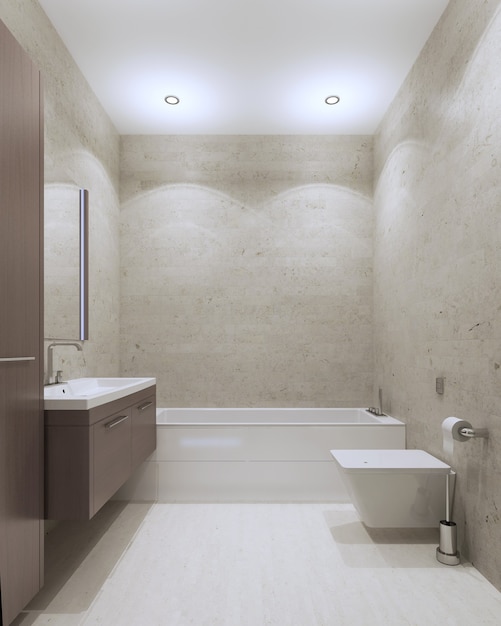 Współczesny styl łazienki z sufitami i ścianami z tynku strukturalnego, meble w kolorze ciemnoszarym