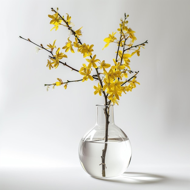 Współczesny szklany wazon z pojedynczym łodygą forsytii odizolowanym na przezroczystym tle