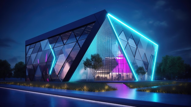 Współczesny trójkątny kształt nowoczesnej architektury Zewnętrzny budynek ze szklanym betonem i stalowym elementemFuturystyczna ilustracja przyszłych technologii Generacyjna sztuczna inteligencja