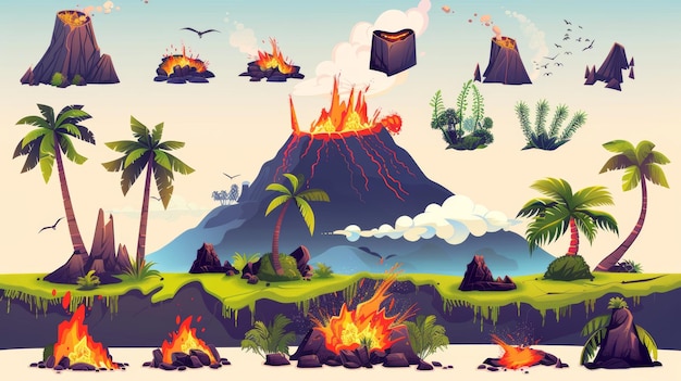 Współczesny zestaw kreskówek z wybuchem magmy i elementami przyrody Wybuch wulkanu ustawiony z aktywnym wulkanem góra z gazami chmura dymu