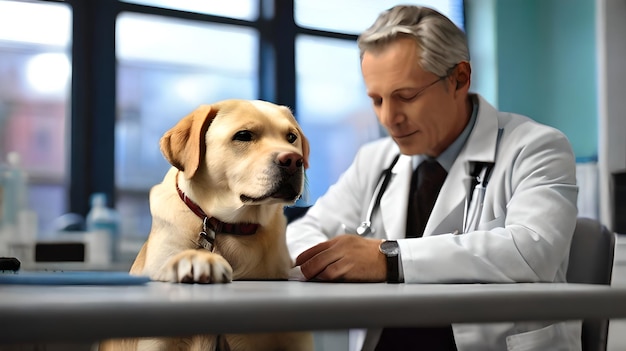 Współczujący weterynarz w klinice badający spokojnego labradora retriewera AI