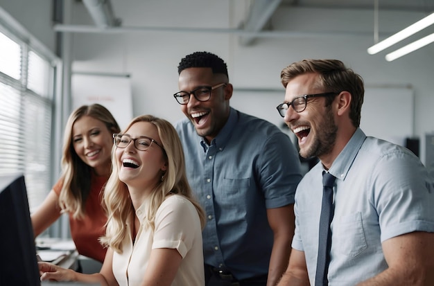 Zdjęcie współpracownicy śmieją się w jasno oświetlonym biurze w okularach